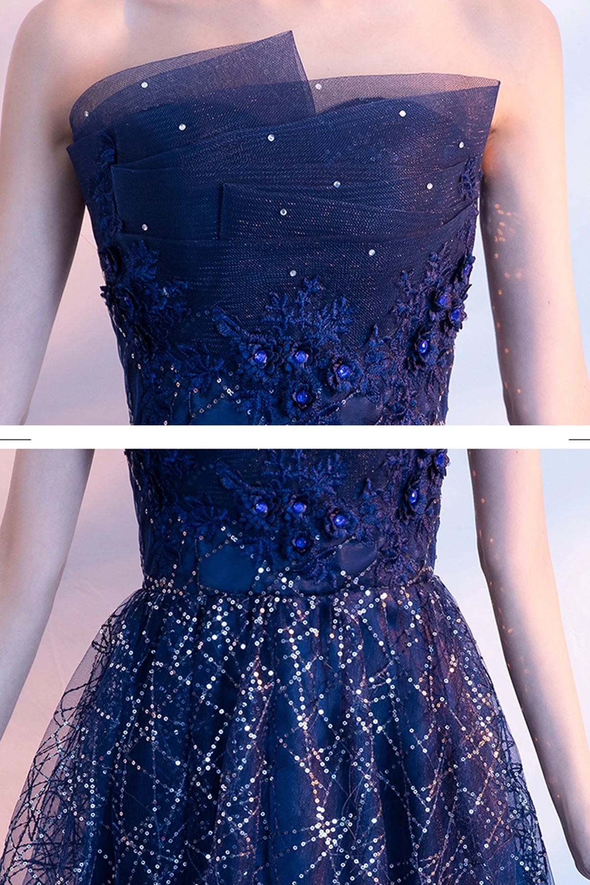 solvbao Blue Tulle Sequins Long Prom Dresses, A-Line Strapless Evening Dresses - Deanwangkt