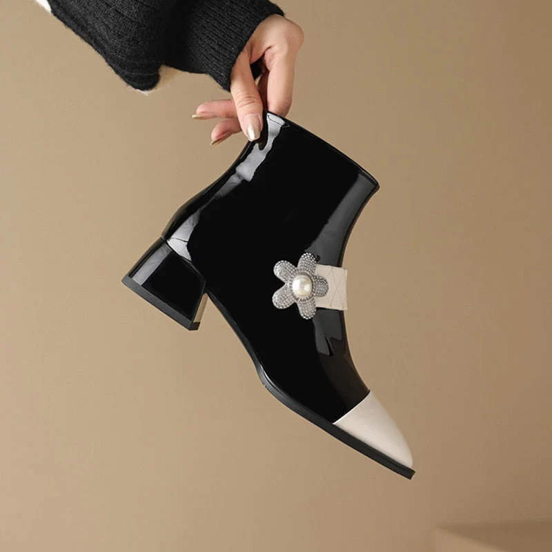 deanwangkt  fashion inspo   Autumn Women Boots Square Toe High Heel Shoes Patent Leather Shoes for Women Mixed Colors Boots Winter Chunky Heel Ankle Boots - Deanwangkt