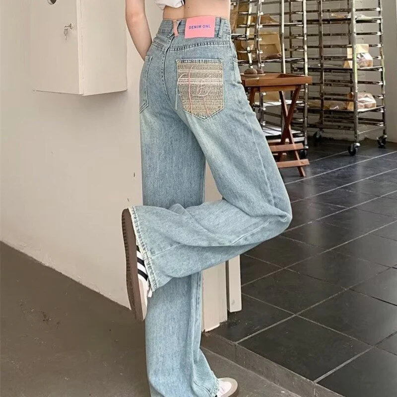 deanwangkt Baby Blue Loose Straight Jeans Women's High Waist Thin Summer Thin Design Tassel Versatile Wide Leg Pants Trend - Deanwangkt