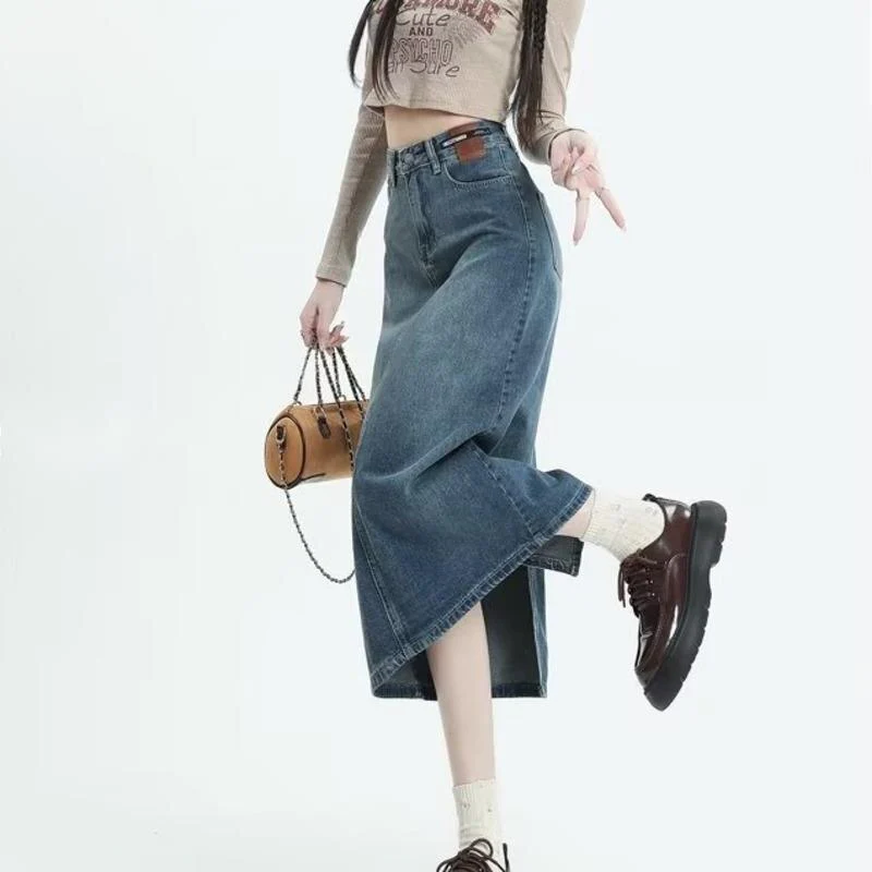 deanwangkt Retro Denim Skirt For Women Spring And Autumn New Summer Mid Length Slim A-line Split Long Skirt Skirt - Deanwangkt