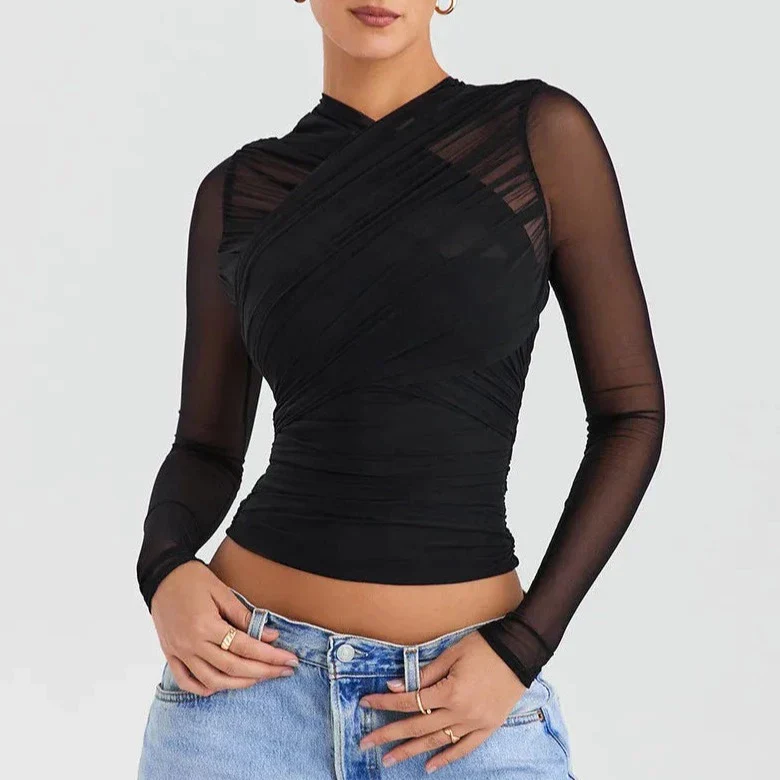 deanwangkt Spring Summer Women Sexy Daily Wear Cold Shoulder Sheer Mesh Lace Blouse Long SLeeve Black Shirt Casual - Deanwangkt