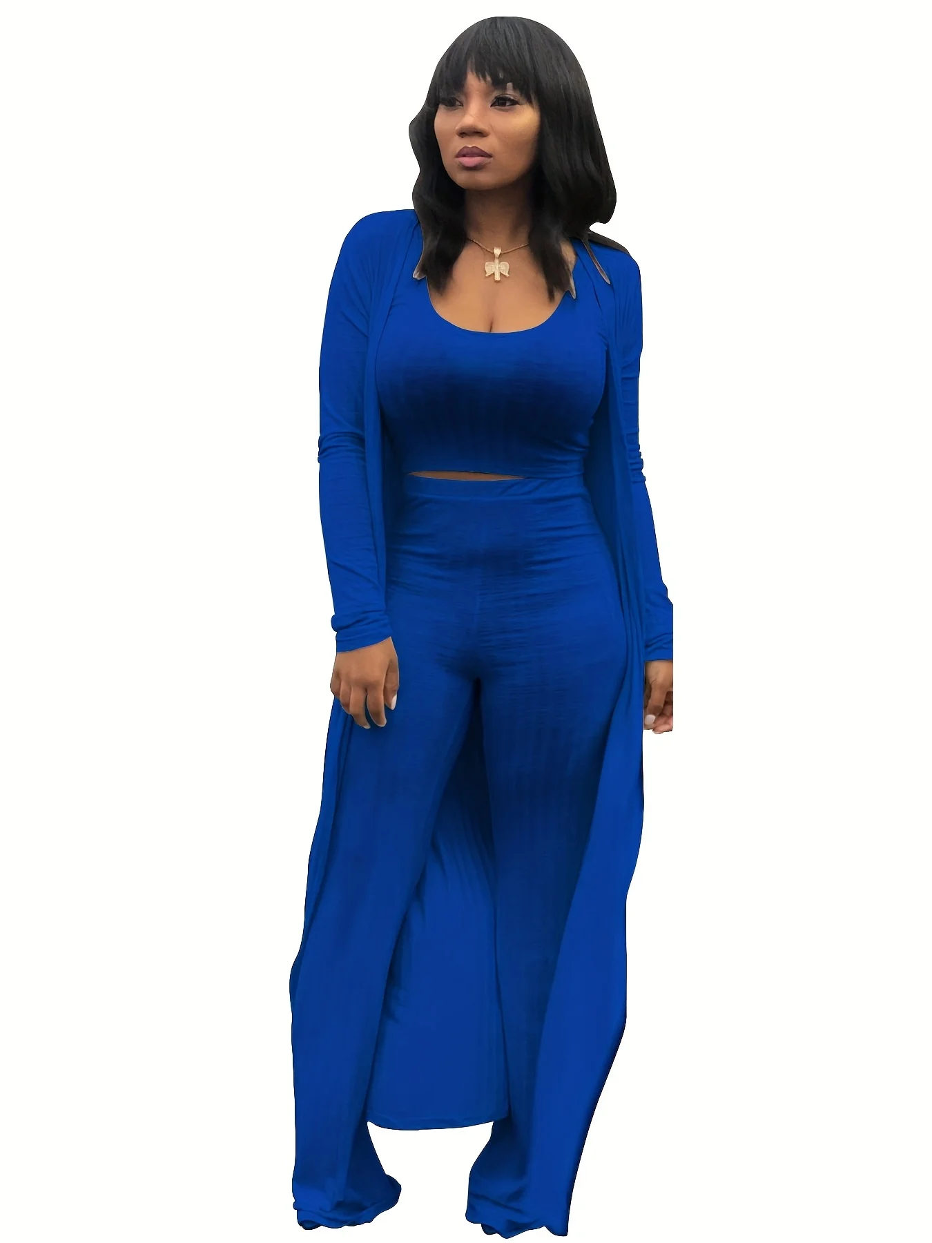 deanwangkt-1  Solid Rib Knit 3 Pieces Set, Open Front Long Length Cardigan & Bodycon Scoop Neck Tank Top & High Waist Draped Pants Outfits, Women's Clothing - Deanwangkt