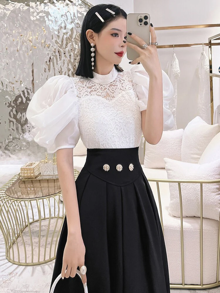 deanwangkt Elegant Lace Panel Shirt For Female Stand Collar Puff Sleeve Solid Minimalist Slim Pullover Blouses Female Clothing - Deanwangkt