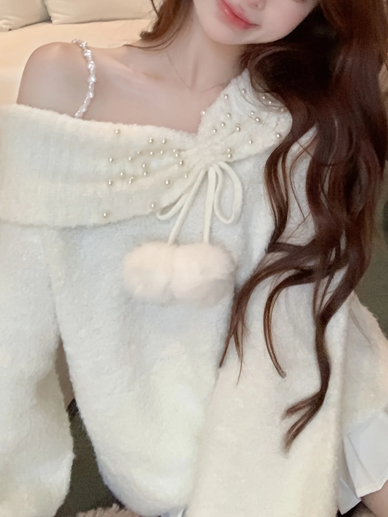 deanwangkt Asymmetric Shoulder Chain Strap Sweater, Chic Long Sleeve Beaded Sweater For Fall & Winter, Women's Clothing - Deanwangkt