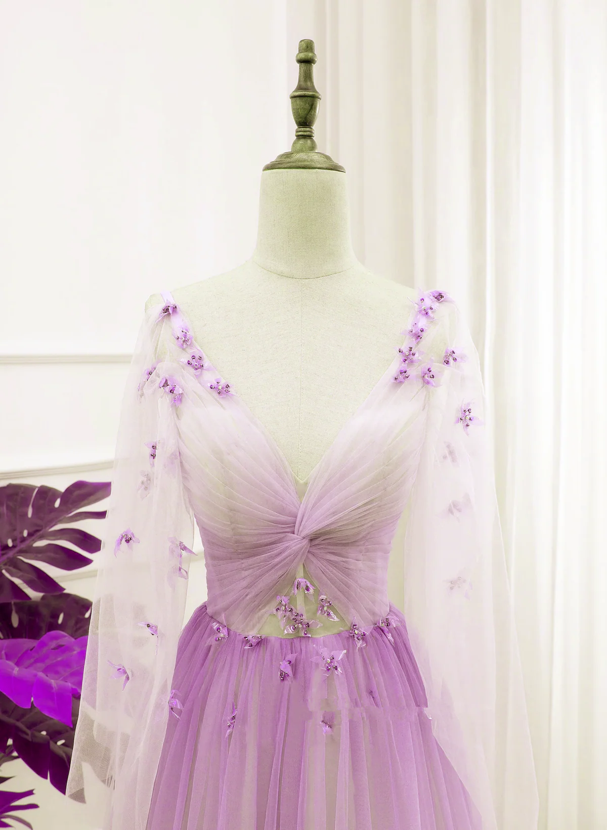 Solvbao Beautiful Purple Gradient Tulle Long Sleeves Party Dress, A-line Tulle Formal Dress - Deanwangkt