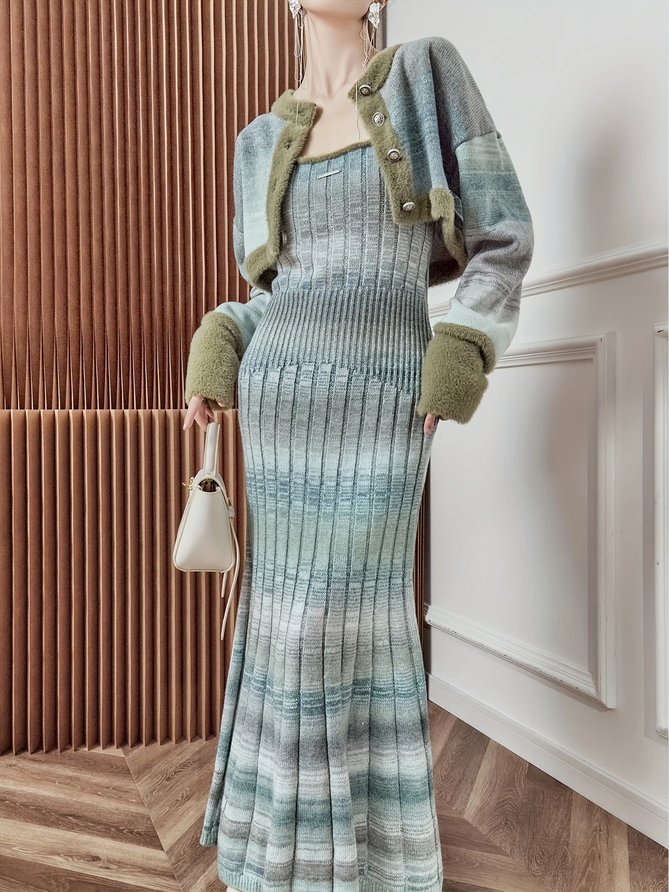 deanwangkt  Elegant Slim Two-piece Dress Set, Long Sleeve Button Front Crop Coat & Slim Pleated Long Length Dress Outfits, Women's Clothing - Deanwangkt