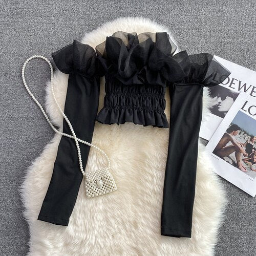 deanwangkt Summer Sexy Black Mesh Party Blouse Women Black Slash Neck Ruffle Long Sleeve Short Shirt Female Club Strapless Tops  New - Deanwangkt