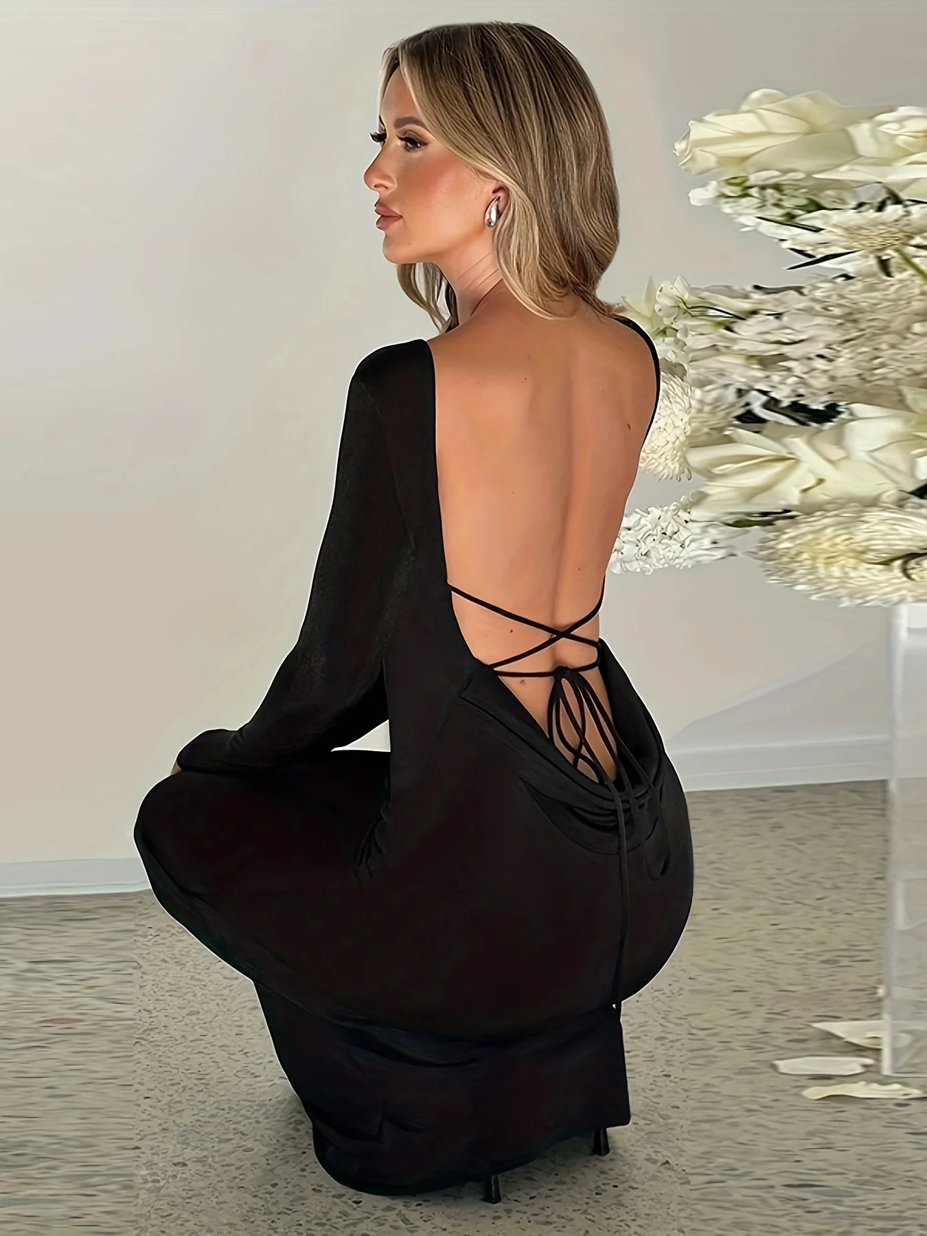 deanwangkt-1  Solid Crew Neck Backless Dress, Elegant Long Sleeve Slim Maxi Dress For Spring & Fall, Women's Clothing - Deanwangkt