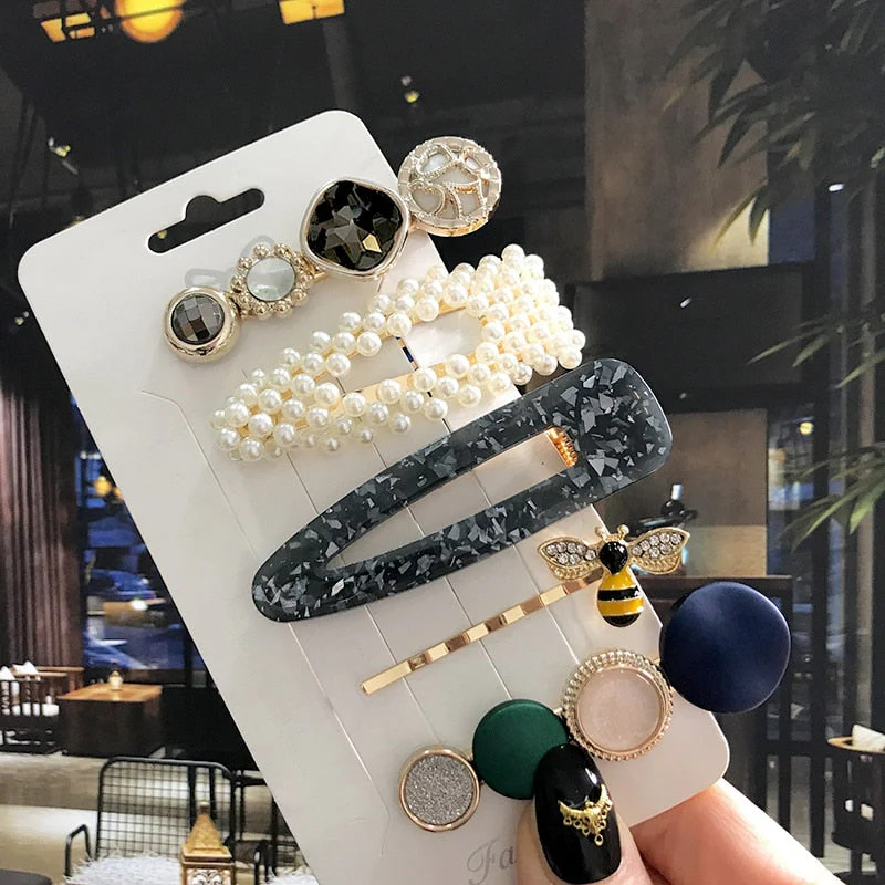 deanwangkt 4PCS Hair Clips Set Crystal Simulation Pearl Hair Accessories Fashion Barrettes For Women Bees Star Heart Hairgrip Hairpins - Deanwangkt