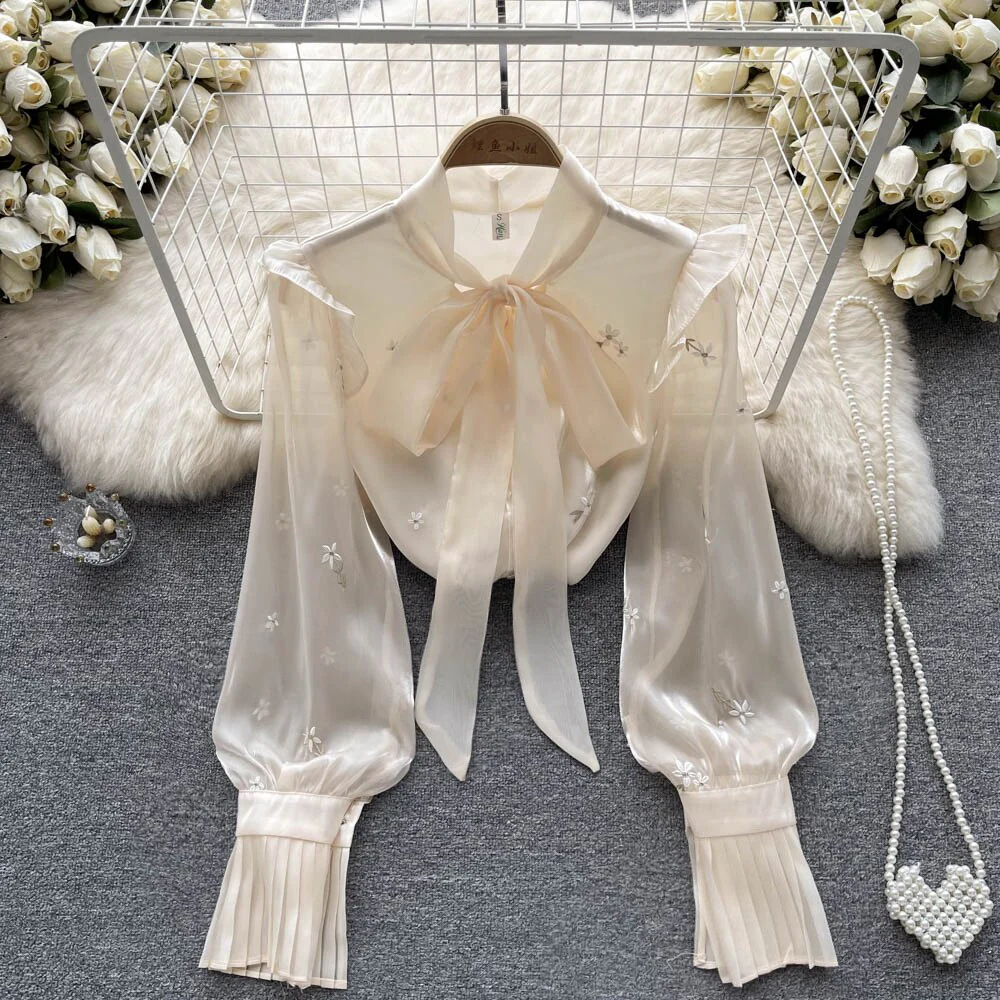 deanwangkt Print Sweet Fashion Women Blouse French Gengle Long Sleeve Single Breasted Tie O Neck  Autumn OL Short Chiffon Top - Deanwangkt