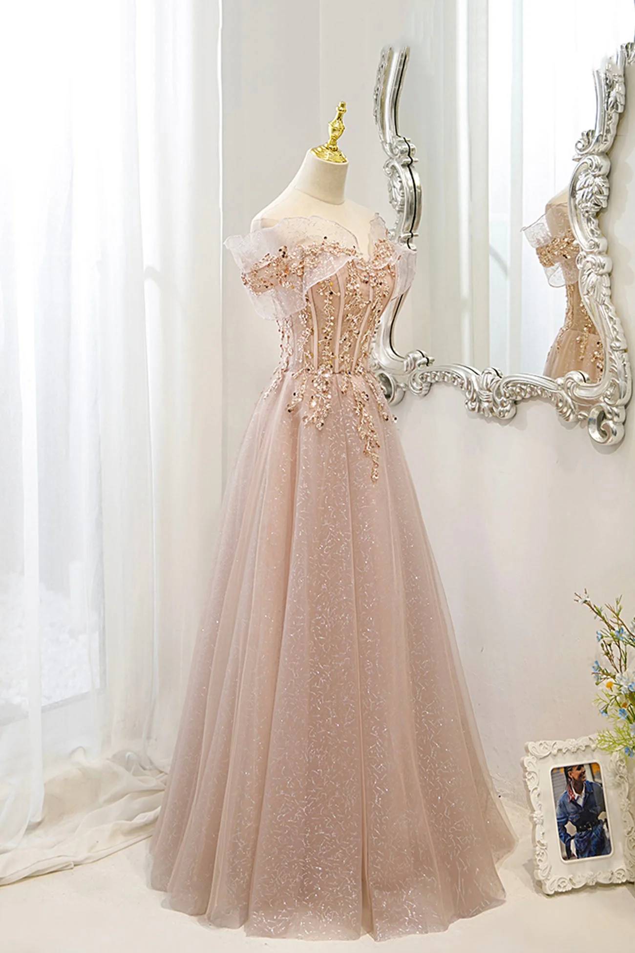 solvbao Pink Tulle Sequins Long Prom Dresses, A-Line Off the Shoulder Evening Dresses - Deanwangkt
