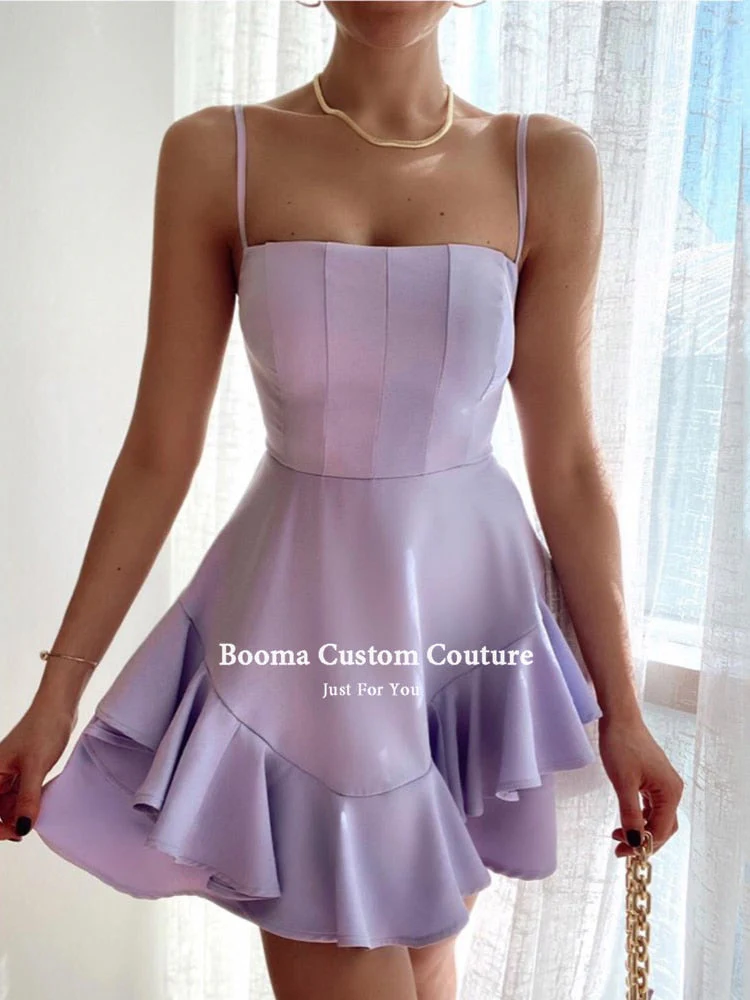 DEANWANGKT Lavender Mini Prom Dresses Spaghetti Straps Ruffles Above Knee Satin Homecoming Dresses Clubbing Short Graduation Dresses - Deanwangkt