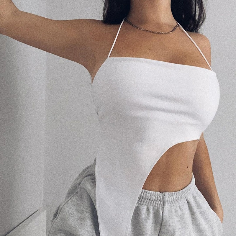 deanwangkt Y2K Girl Sexy Sleeveless Halter Crop Tops for Women Hot Sexy Backless Irregular Cropped Feminino Top Streetwear - Deanwangkt