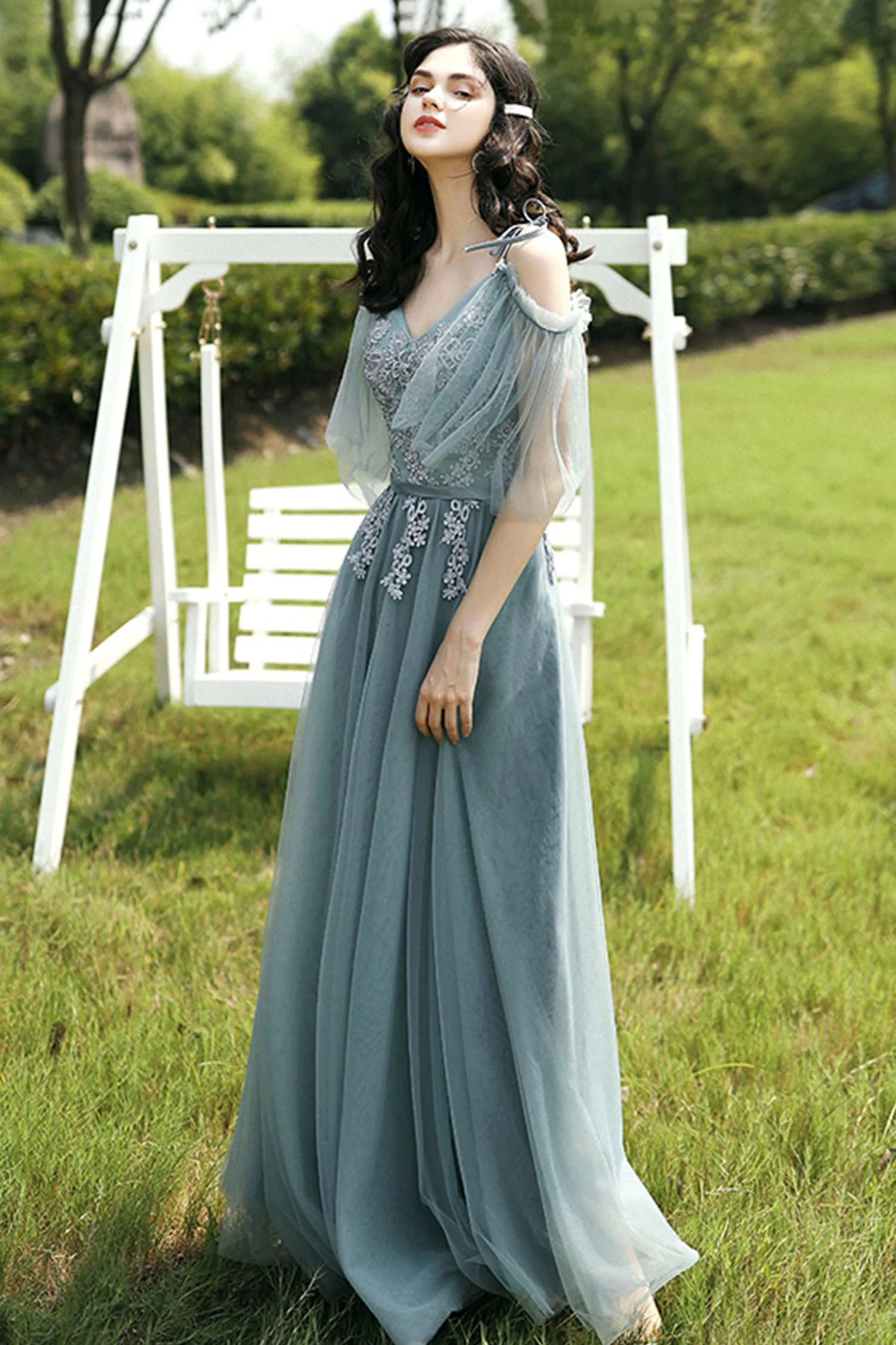 solvbao A-Line Tulle Lace Long Prom Dress, Evening Party Dress - Deanwangkt