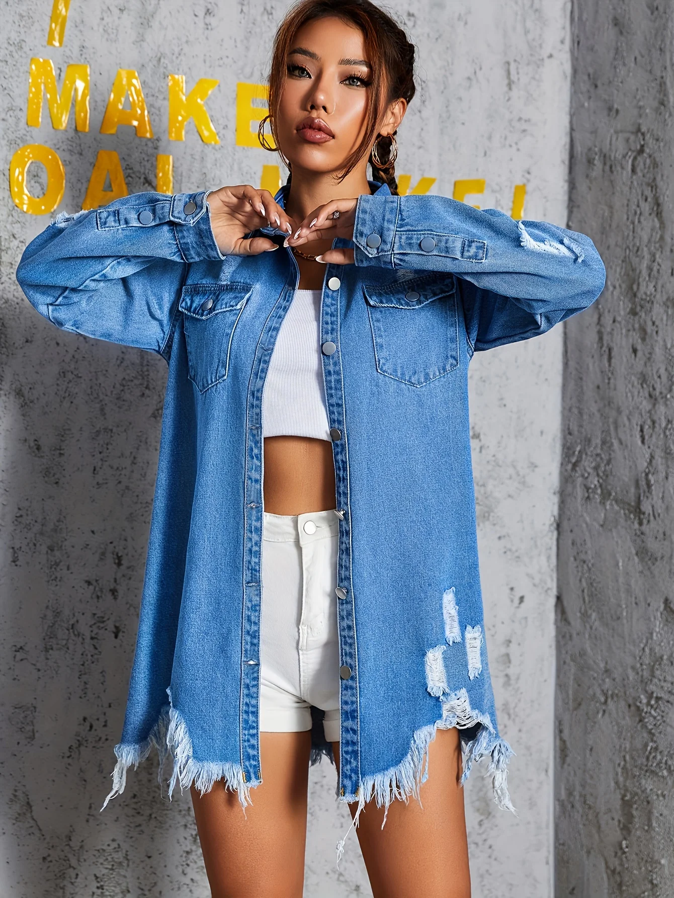 deanwangkt-1  Blue Ripped Holes Denim Jackets, Frayed Hem Long Sleeves Non-Stretch Casual Denim Coats, Women's Denim Clothing - Deanwangkt