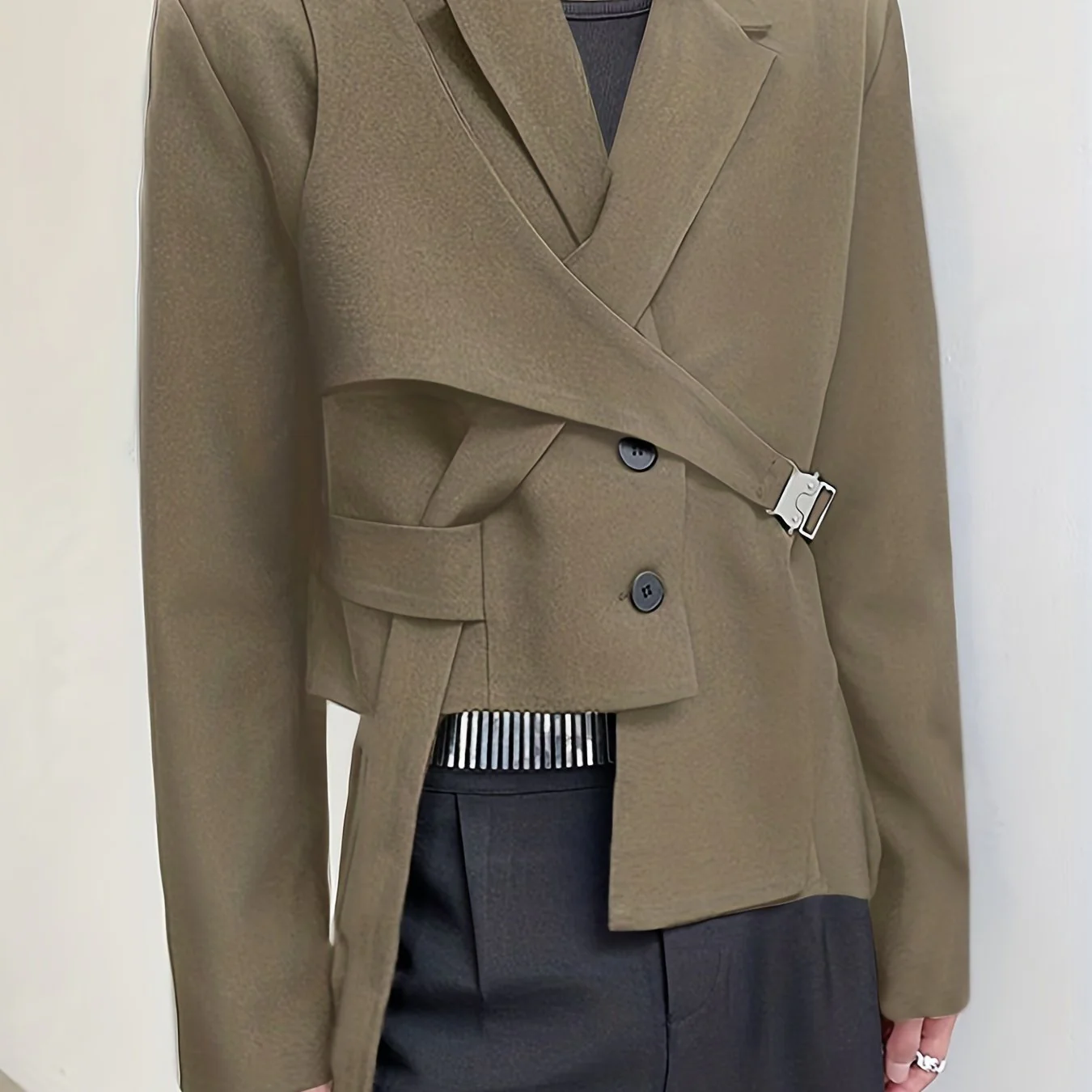 Men's Korean Style Irregular Design Blazer With Belt, Long Sleeve High Waist Suit Jackets For Party, Funky Club Wear Coat Outwear Tops, Men's Clothing, Plus Size - Deanwangkt