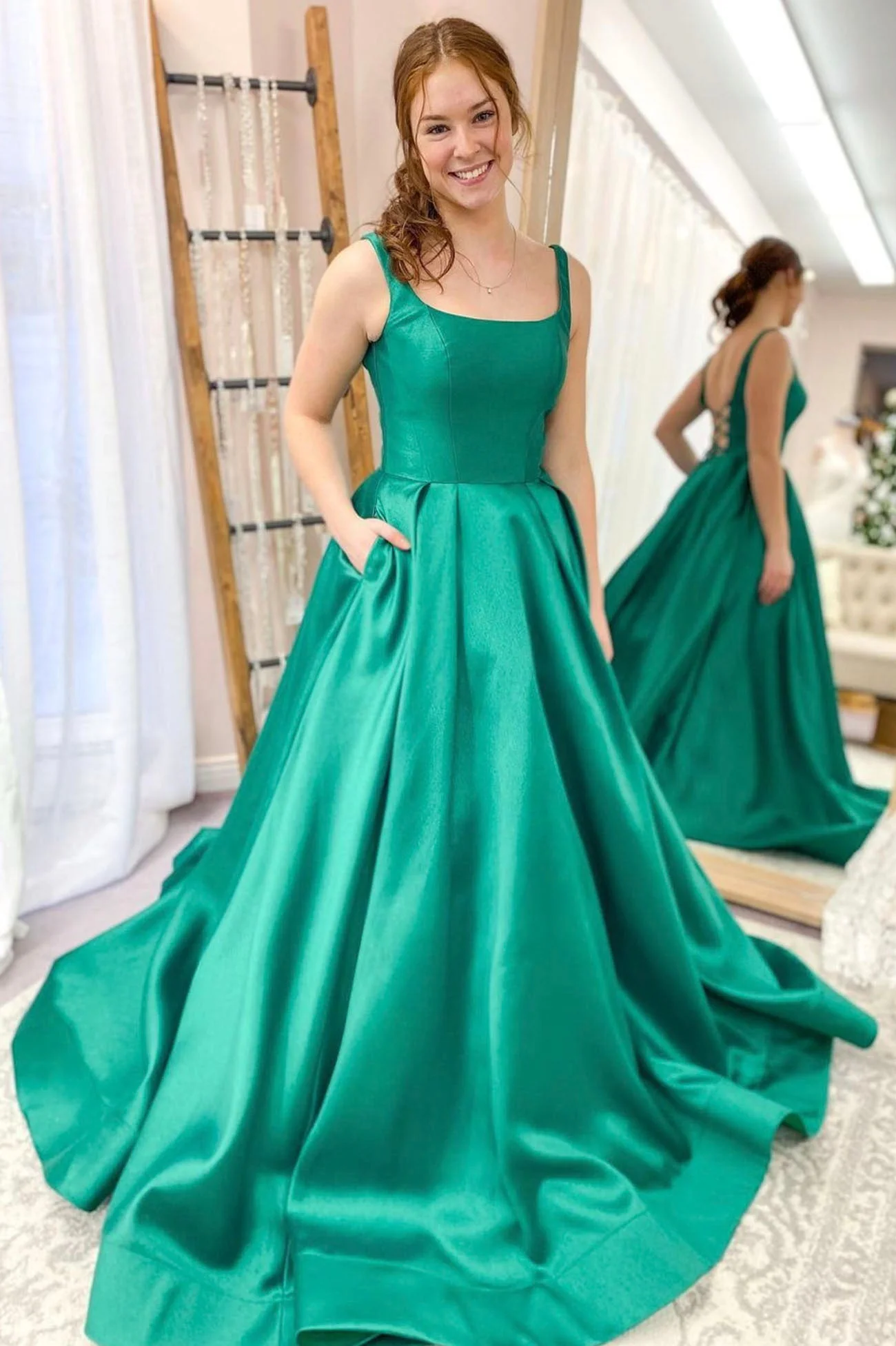 solvbao Green Satin Long Prom Dresses, A-Line Backless Graduation Dresses - Deanwangkt