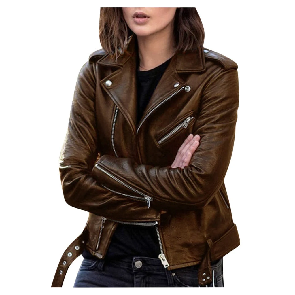 deanwangkt Women Faux Leather Jacket  Fall New Long Sleeve Zipper Fitted Coat Fall Short Jacket Solid Lapel Female Moto Biker Jackets - Deanwangkt