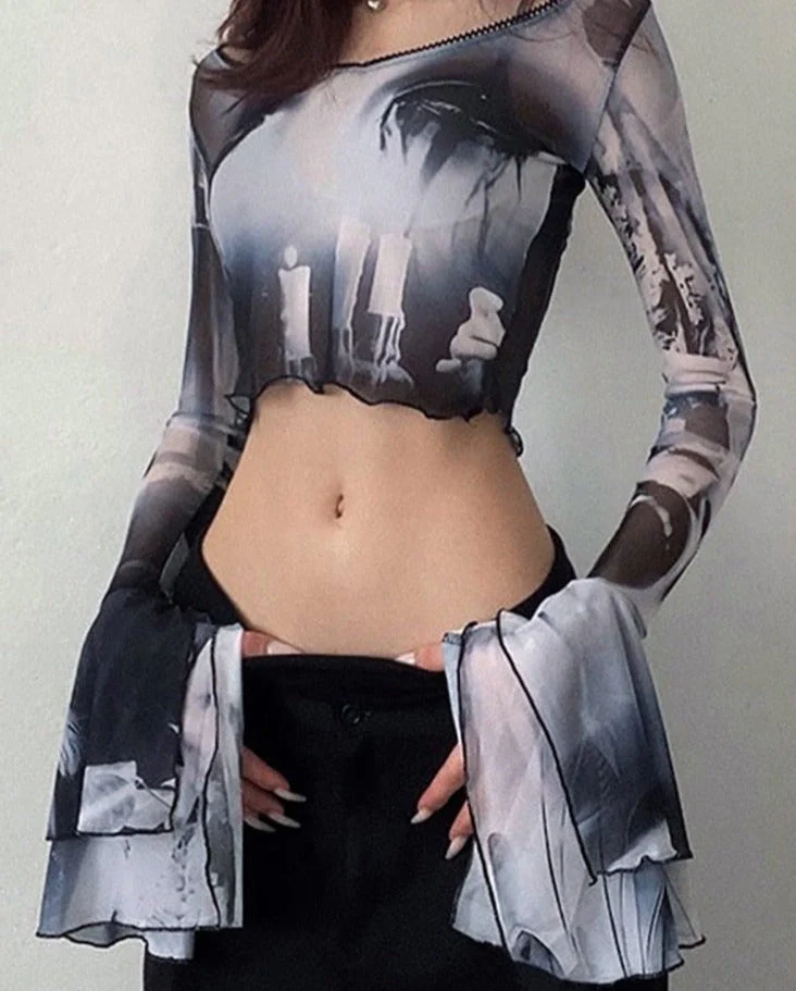 deanwangkt Punk Aesthetic Print Y2k Mesh Women Crop Tops Gothic Flare Sleeve See Through T-shirts Emo Lettuce Hem Sexy Streetwear - Deanwangkt