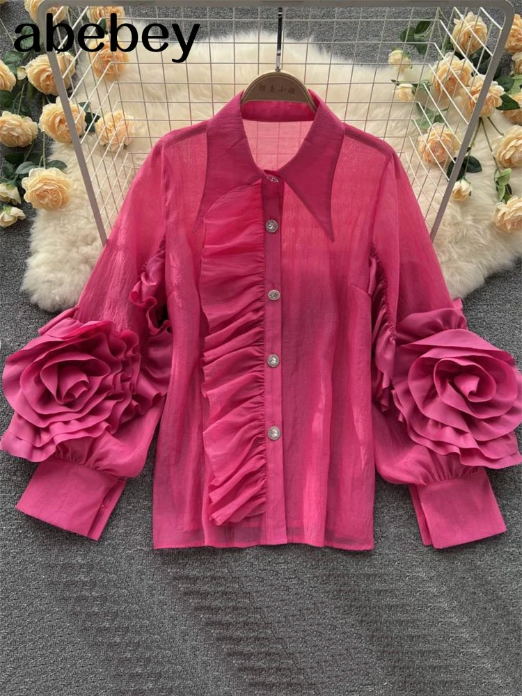 deanwangkt Ruffle Trim Shirt For Women Lapel Lantern Sleeve Loose Solid Button Through Blouse Female Fashion Clothing - Deanwangkt