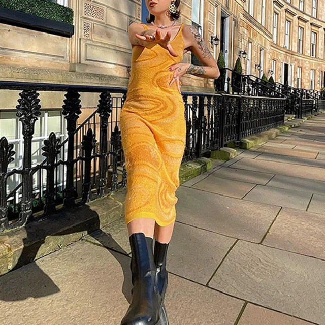 deanwangkt Sexy Print Knit Bodycon Dress Women Green Y2K Party Dress Hollow Out Sleeveless Spaghetti Strap Beach Midi Dresses Summer - Deanwangkt