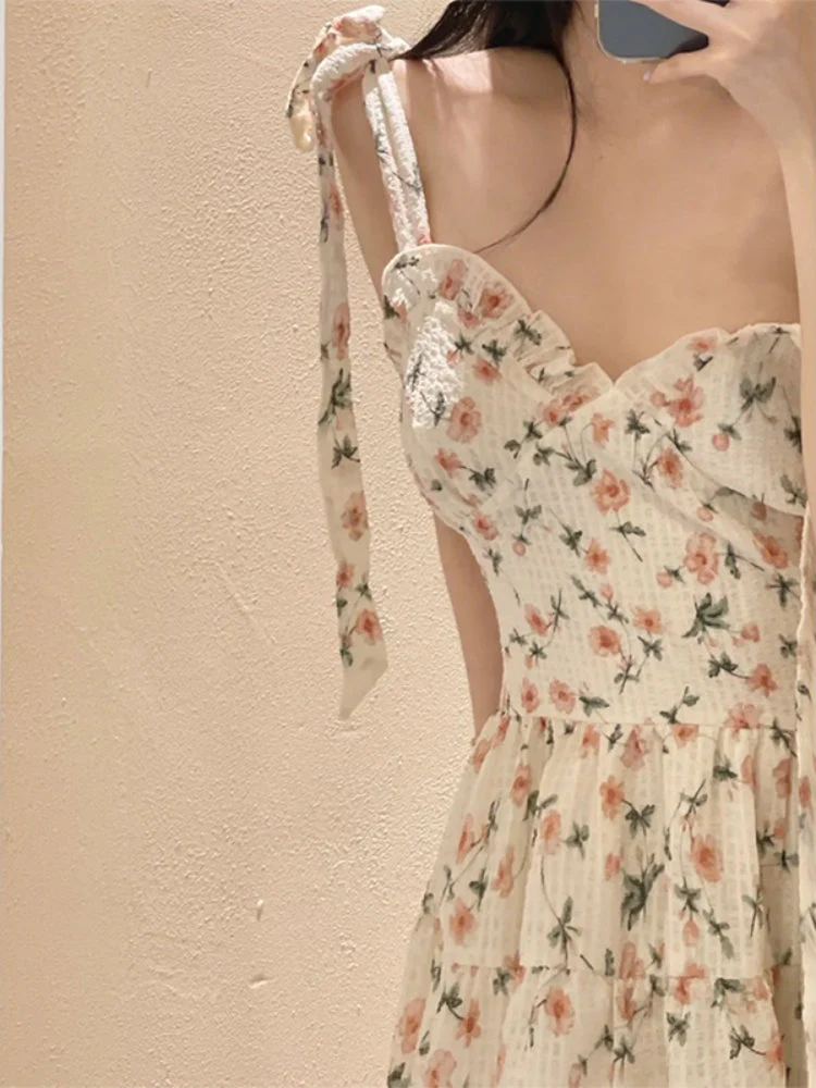 Casual Beach Straps Dress Women Slim  Summer Sweet Elegant Y2k Mini Dress Fairy Sleeveless Floral One Piece Dress Korean - Deanwangkt