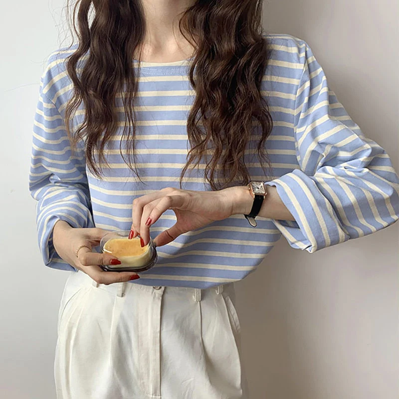 Wenkouban Women's Cotton Striped Top O Neck Loose Casual All-Match T Shirts Female Long Sleeve Basic Fashion Korean New Tees T-Shirt Femme - Deanwangkt