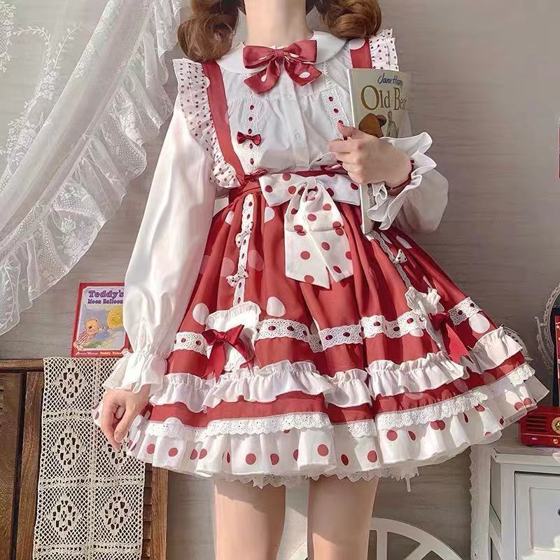 JSK Lolita Dress Victorian Princess Polka Dot Red Kawaii Sleeveless Strap Soft Girly Baby Doll Dresses Kawaii Clothing - Deanwangkt