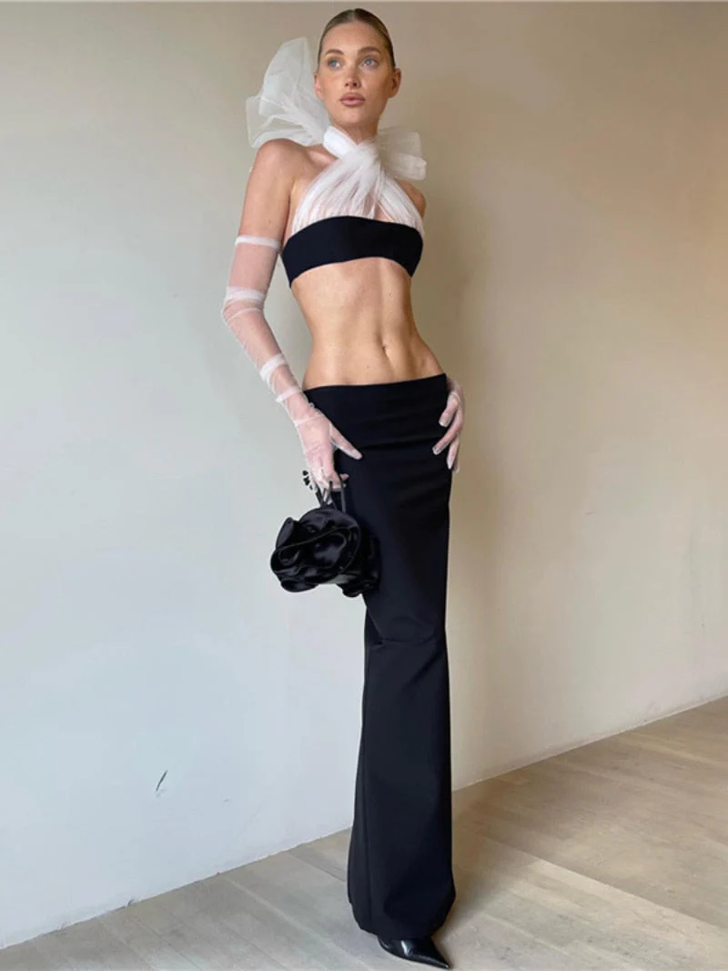 BACK TO COLLEGE  Elegant Woman Two-piece Party Dresses Set Fashion Mesh Patchwork Halter Neck Crop Top Low Waist Black Skirts Female Outfit - Deanwangkt
