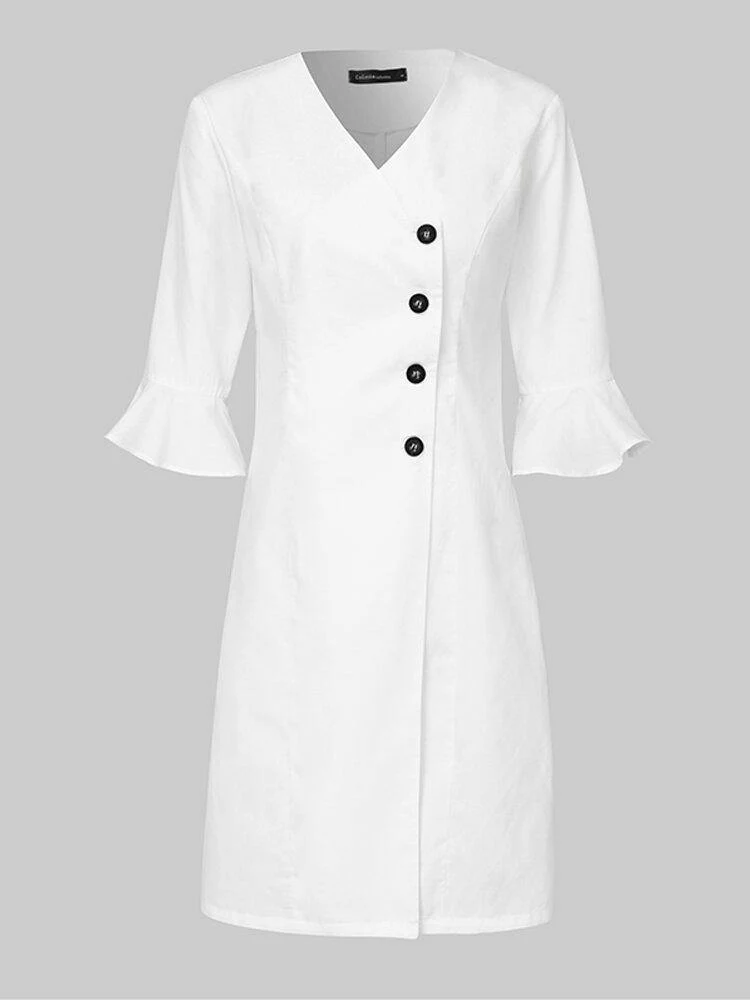 deanwangkt V-neck Oblique Placket Design Bell Sleeve Casual Dress - Deanwangkt