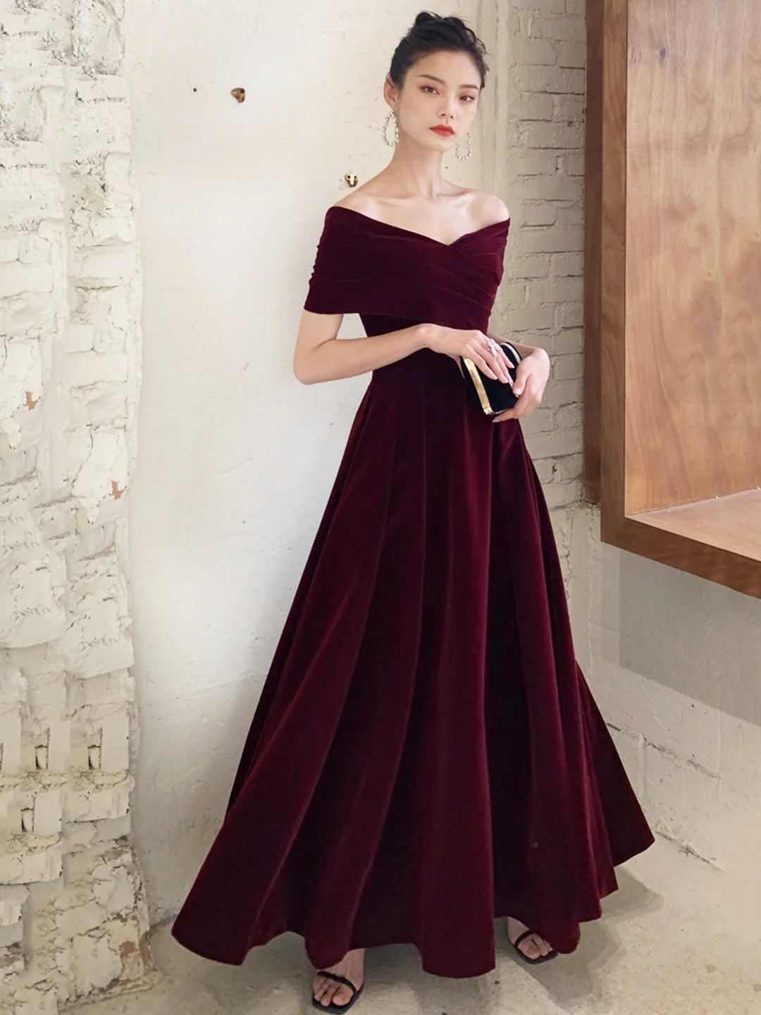 solvbao Burgundy V-Neck Velvet Long Prom Dress, Off Shoulder Evening Party Dress - Deanwangkt