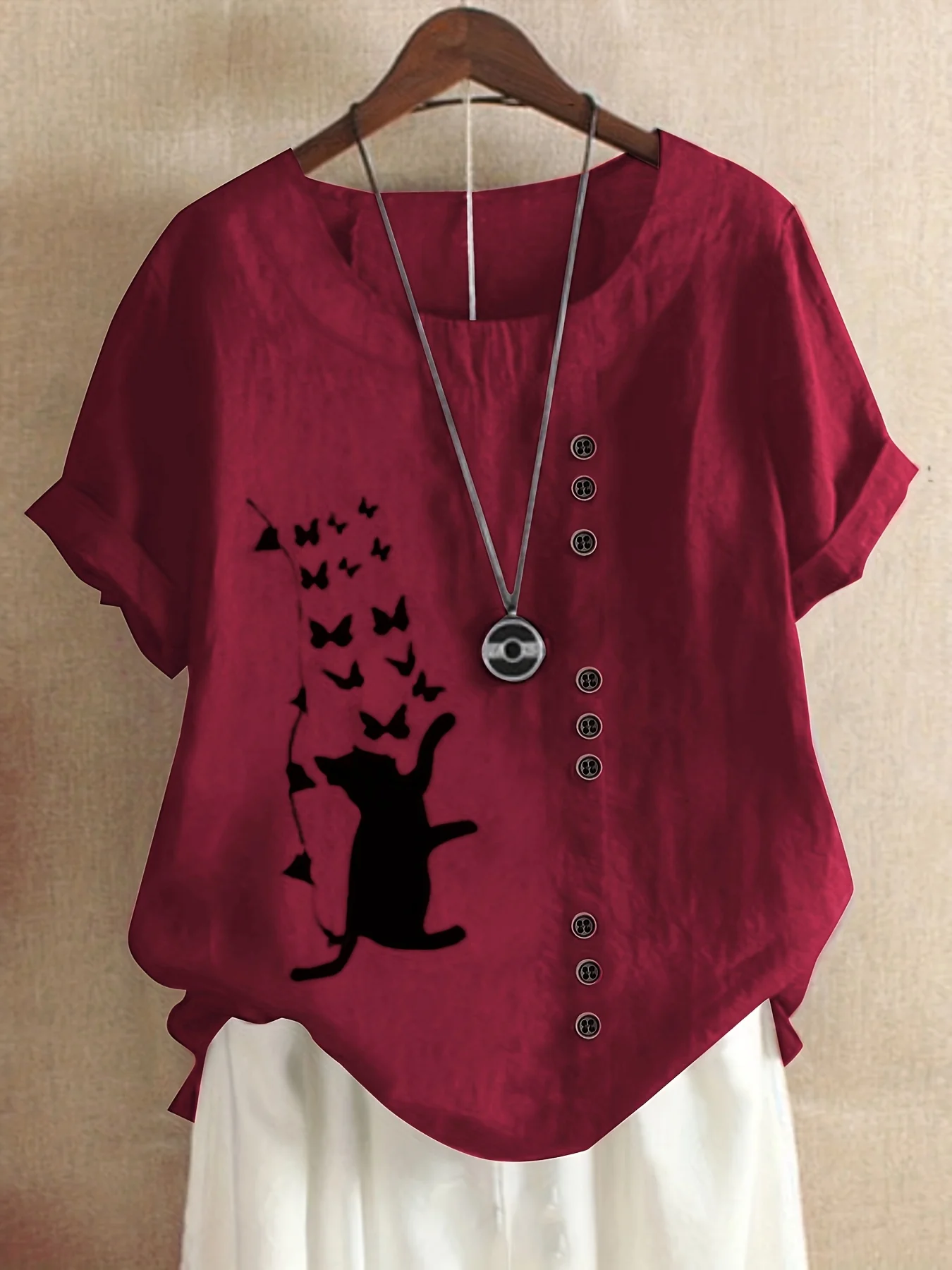 Dandelion Print Button Front Blouse, Casual Short Sleeve Blouse For Spring & Summer, Women's Clothing - Deanwangkt