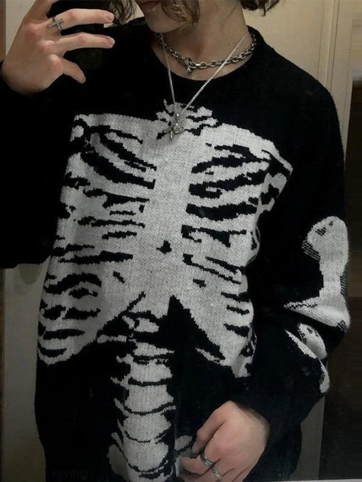 deanwangkt - Skeleton Jacquard Black Pullover Sweater - Deanwangkt