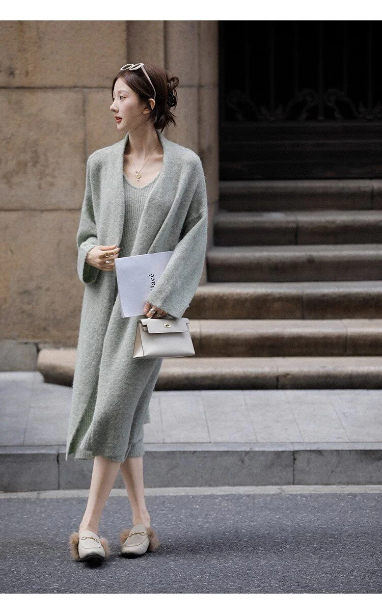 deanwangkt  New Women's Autumn and Winter Thickened Comfortable Loose Long Sweater Jacket Knitted Dress Two Piece Autumn and Winter Set - Deanwangkt