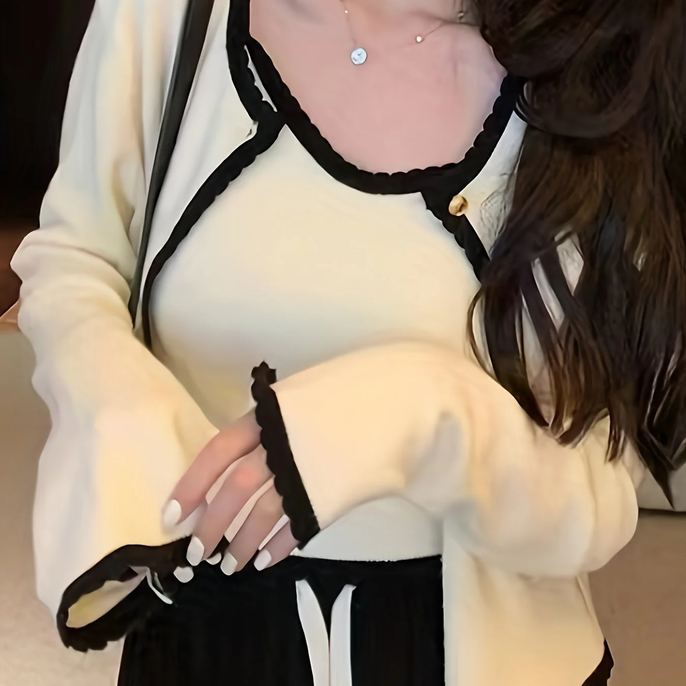 deanwangkt  Contrast Trim Two-piece Set, Cami Top & Button Front Long Sleeve Cardigan Outfits, Women's Clothing - Deanwangkt