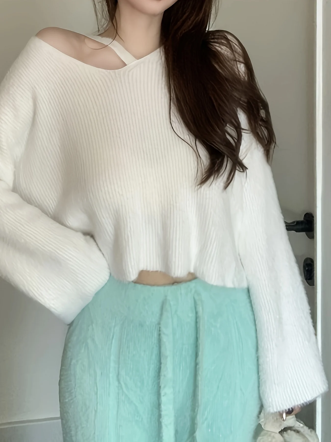 deanwangkt-1  Solid Cold Shoulder Knitting Top, Casual Long Sleeve Top For Fall & Winter, Women's Clothing - Deanwangkt