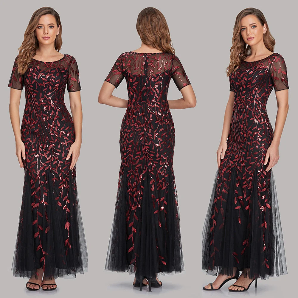 Plus Size Evening Dresses Mermaid O Neck Short Sleeve Lace Appliques Tulle Long Party Gown Robe Soiree Sexy Formal Dress vestido - Deanwangkt