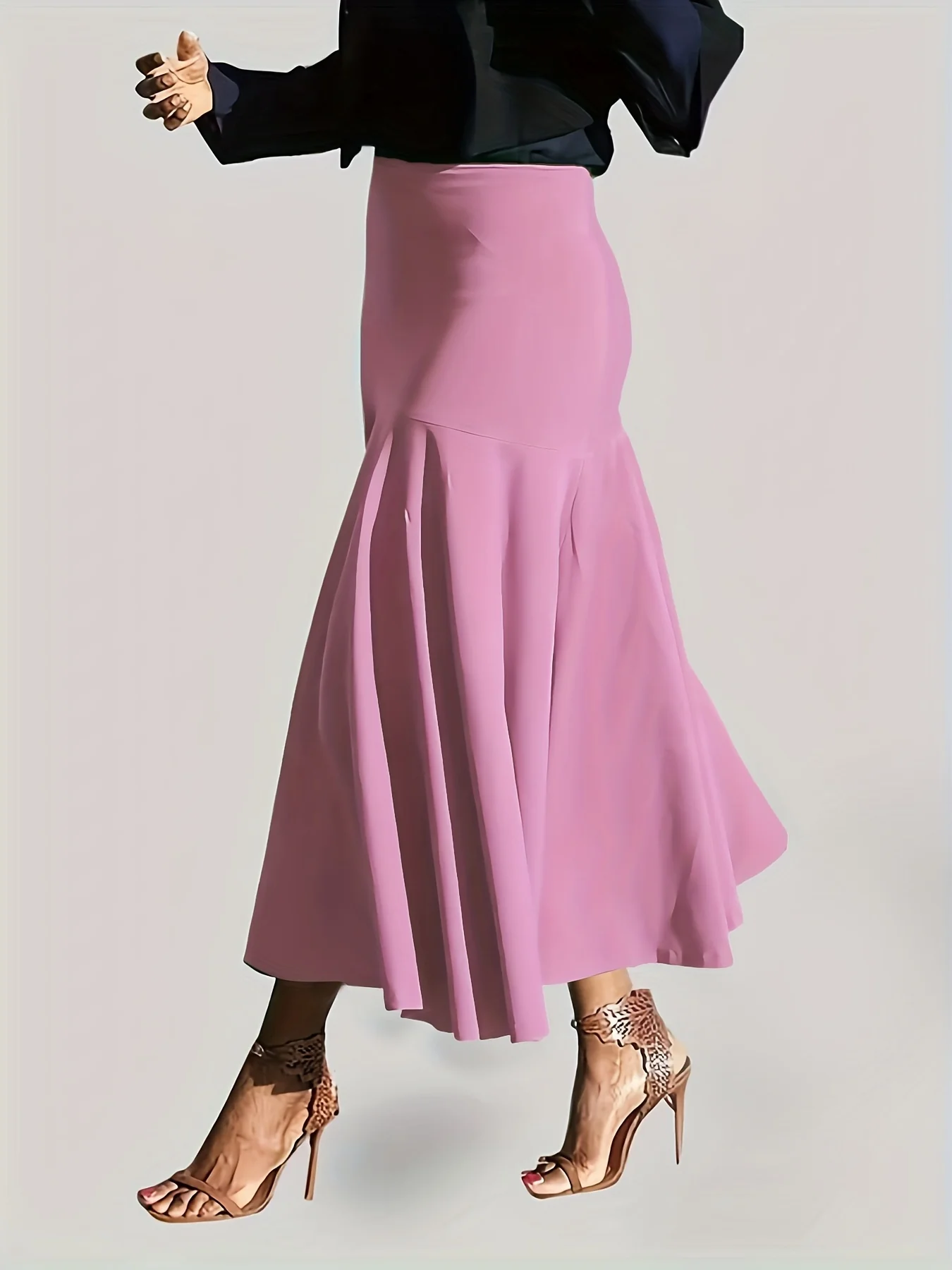 deanwangkt Plus Size Party Skirt, Women's Plus Solid High Rise Non-stretch Maxi Mermaid Skirt - Deanwangkt