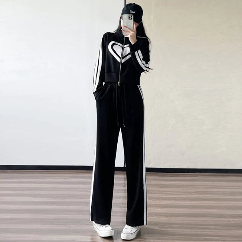 deanwangkt  New Spring and Autumn Zipper Jacket High Waist Wide Leg Pants Two-piece Fashion Casual Loose Long-sleeved Sports Suit Women - Deanwangkt