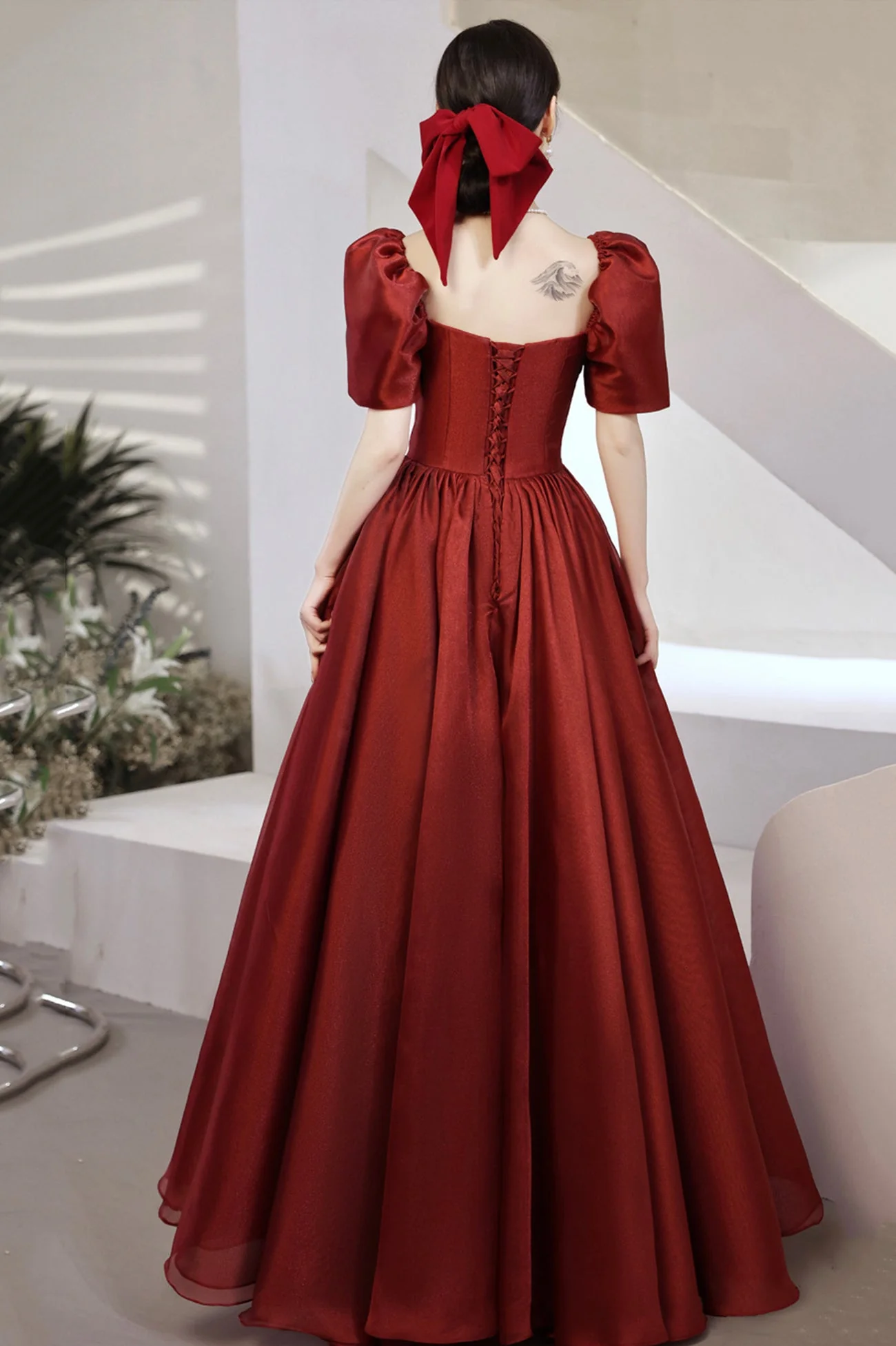 solvbao Burgundy Satin Long Prom Dresses, A-Line Short Sleeve Evening Dresses - Deanwangkt