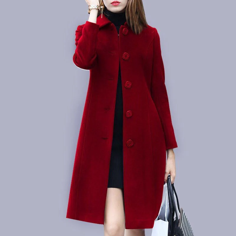 deanwangkt Fashion Ladies Wool Coat New Autumn Winter Mid-Length Single-Breasted Slim Blended Woolen Overcoat Red Blue Black Women Jacket - Deanwangkt