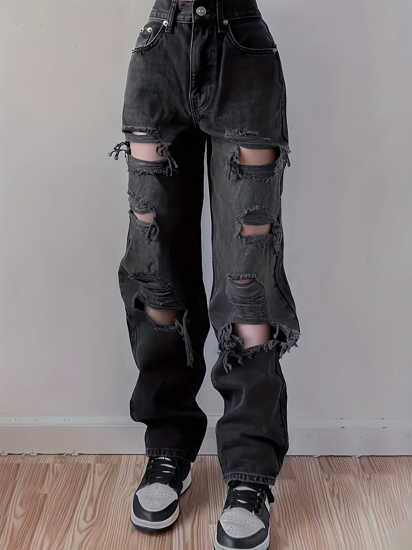 deanwangkt  Plain Ripped Holes Straight Jeans, Loose Fit Distressed Slant Pockets Denim Pants, Women's Denim Jeans & Clothing - Deanwangkt