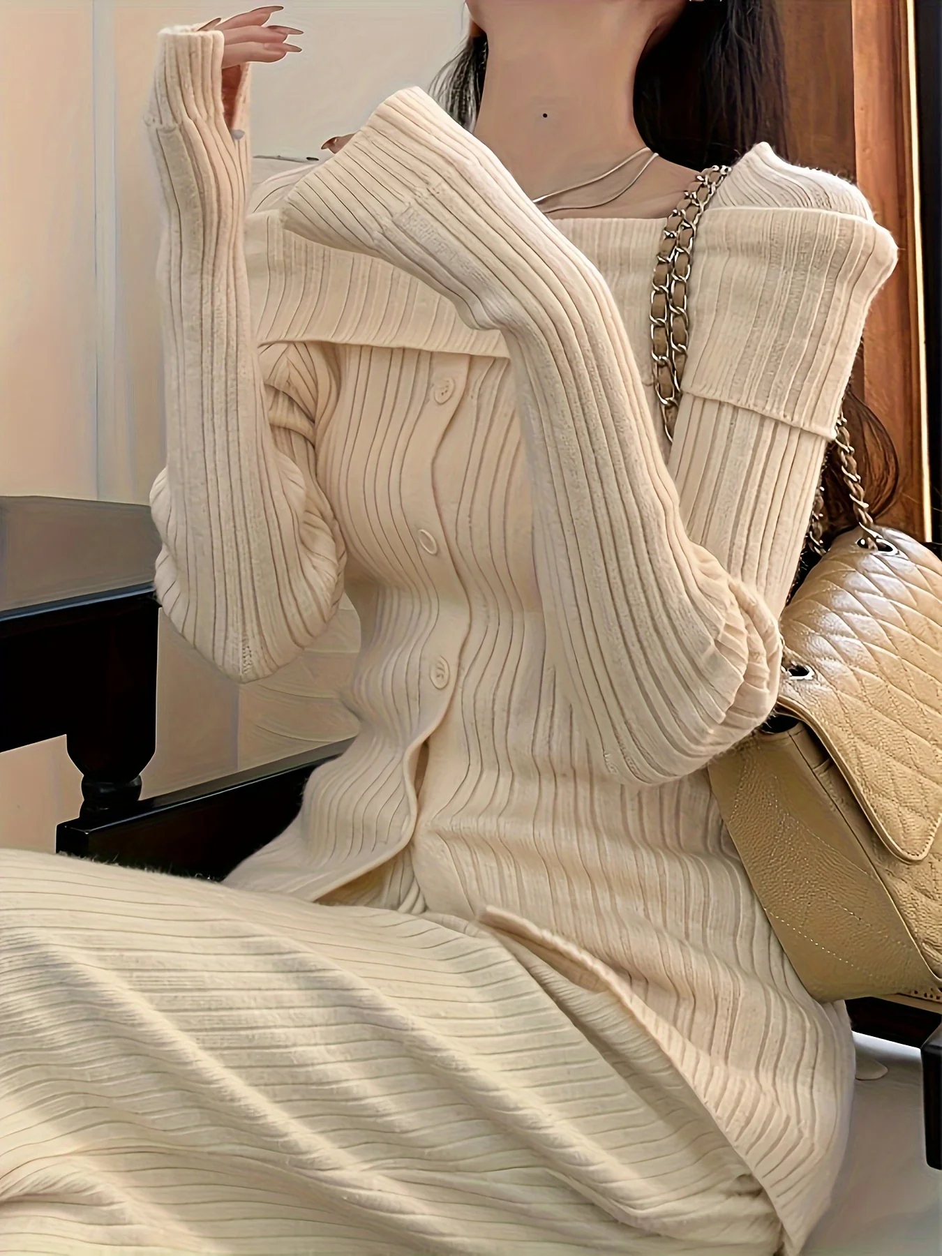 deanwangkt  Solid Off Shoulder Rib Knit Sweater, Elegant Button Front Long Sleeve Slim Sweater, Women's Clothing - Deanwangkt