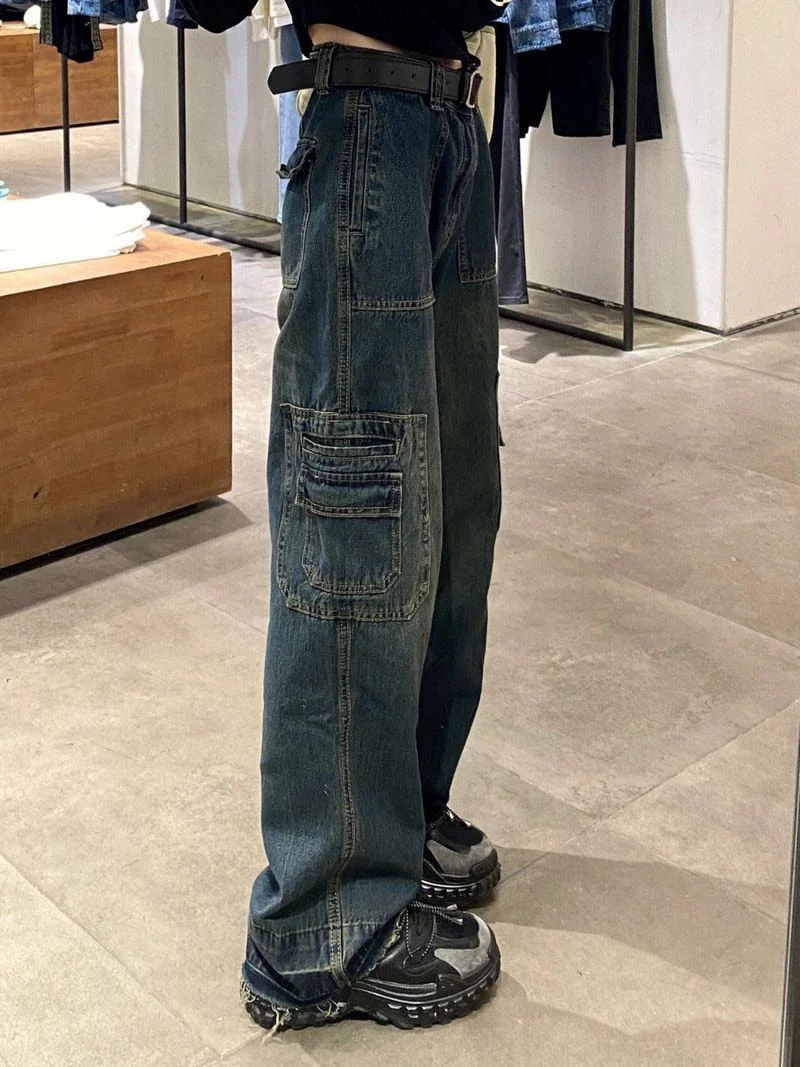deanwangkt Y2K Women Korean Vintage Streetwear Baggy Cargo Jeans High Waist Straight Wide Leg Pants Denim Trousers Fairy Grunge Alt Clothes - Deanwangkt
