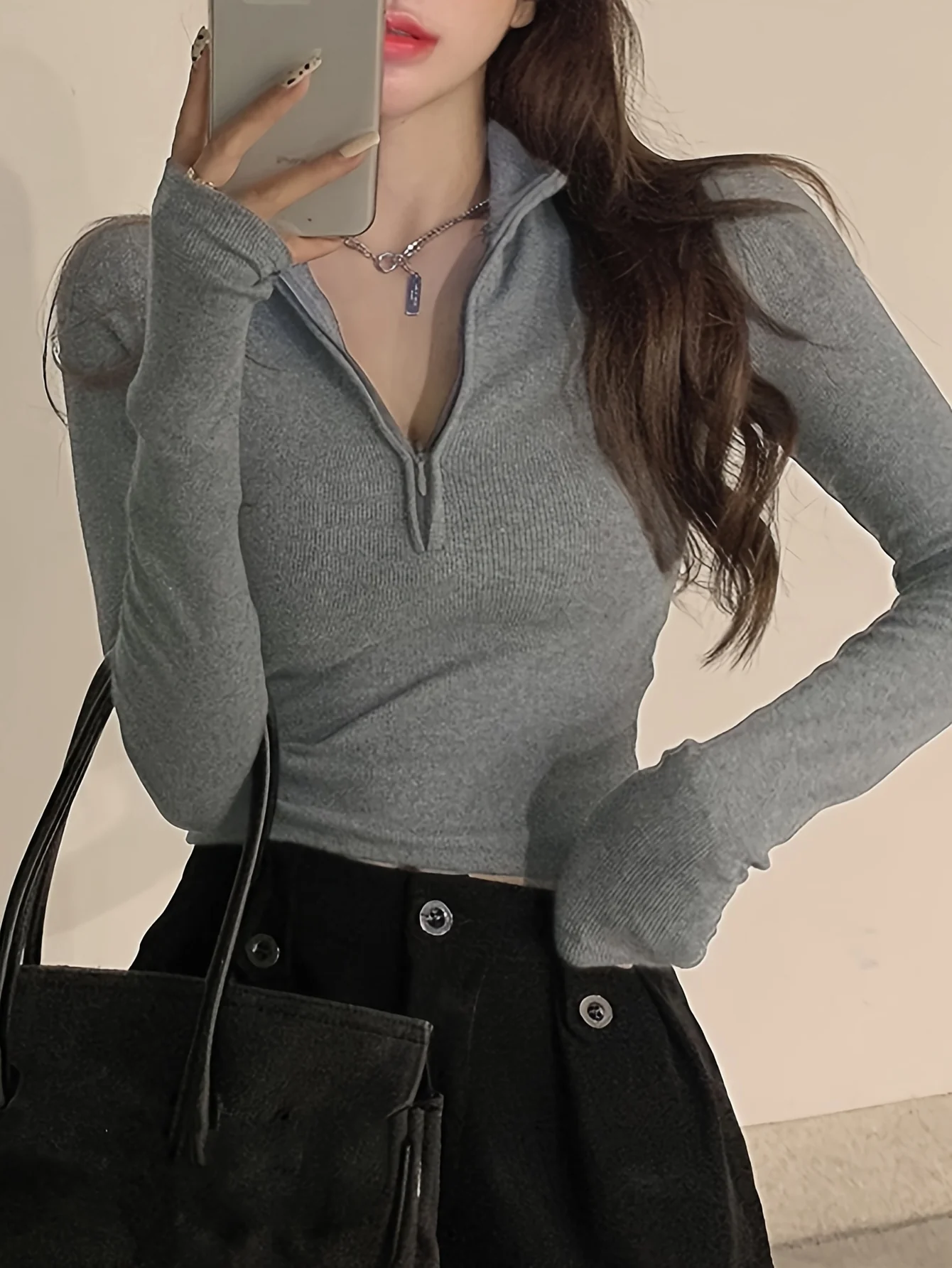 deanwangkt  Solid Zipper Slim T-Shirt, Casual Long Sleeve T-Shirt For Spring & Fall, Women's Clothing - Deanwangkt