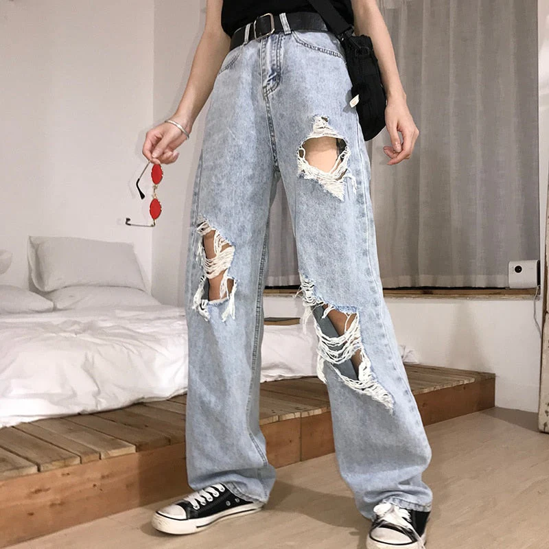 deanwangkt New High Waist Ripped Jeans Women's hip hop Loose Jeans 5XL Women Pants Vintage Female Torn Trousers Streetwear KZ69 - Deanwangkt