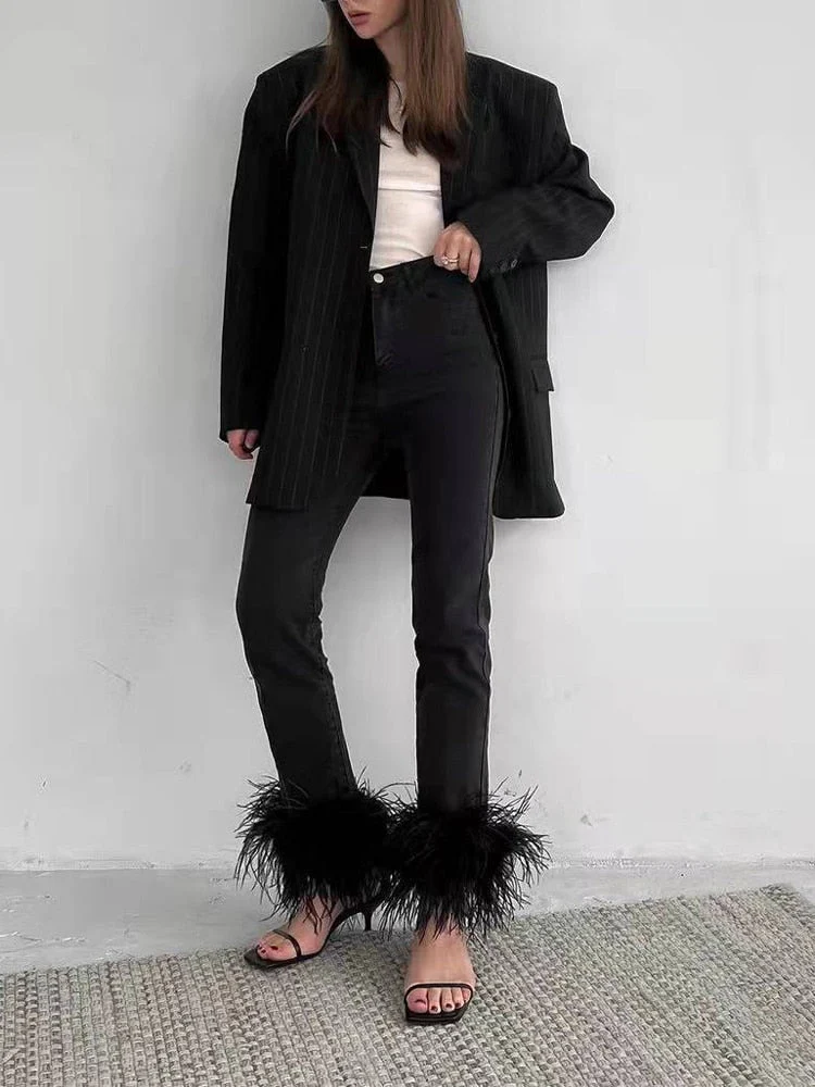 DEANWANGKT Back To School Puffy Feathers Cuff Jeans Women Stylish Denim Pants Fashion Streetwear High Waist Stretch Skinny Cropped Jeans - Deanwangkt