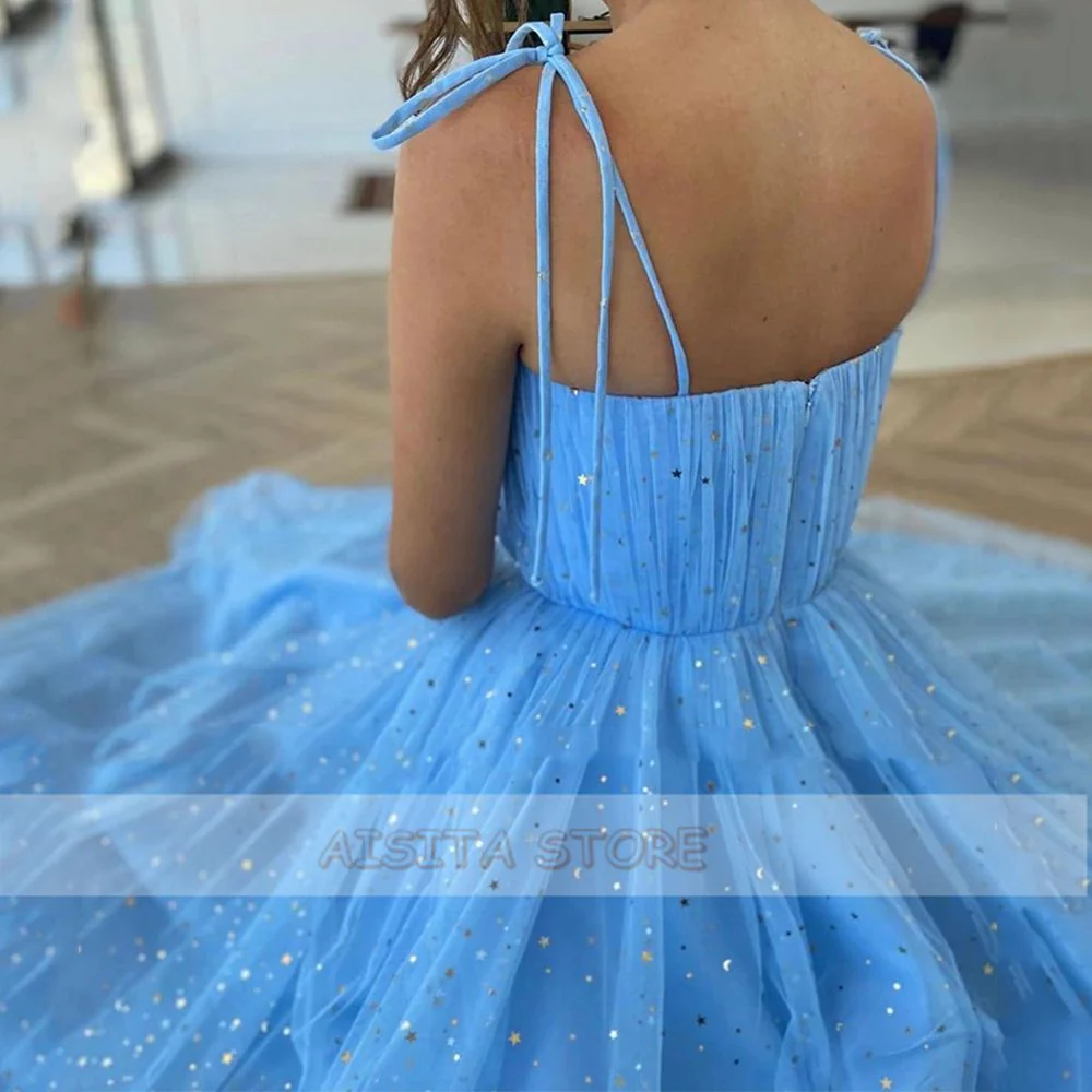 Blue A Line Prom Dresses Sweetheart Sleeveless Tulle Formal Wedding/Evening Party Dress for Graduation Vestidos De Fiesta - Deanwangkt