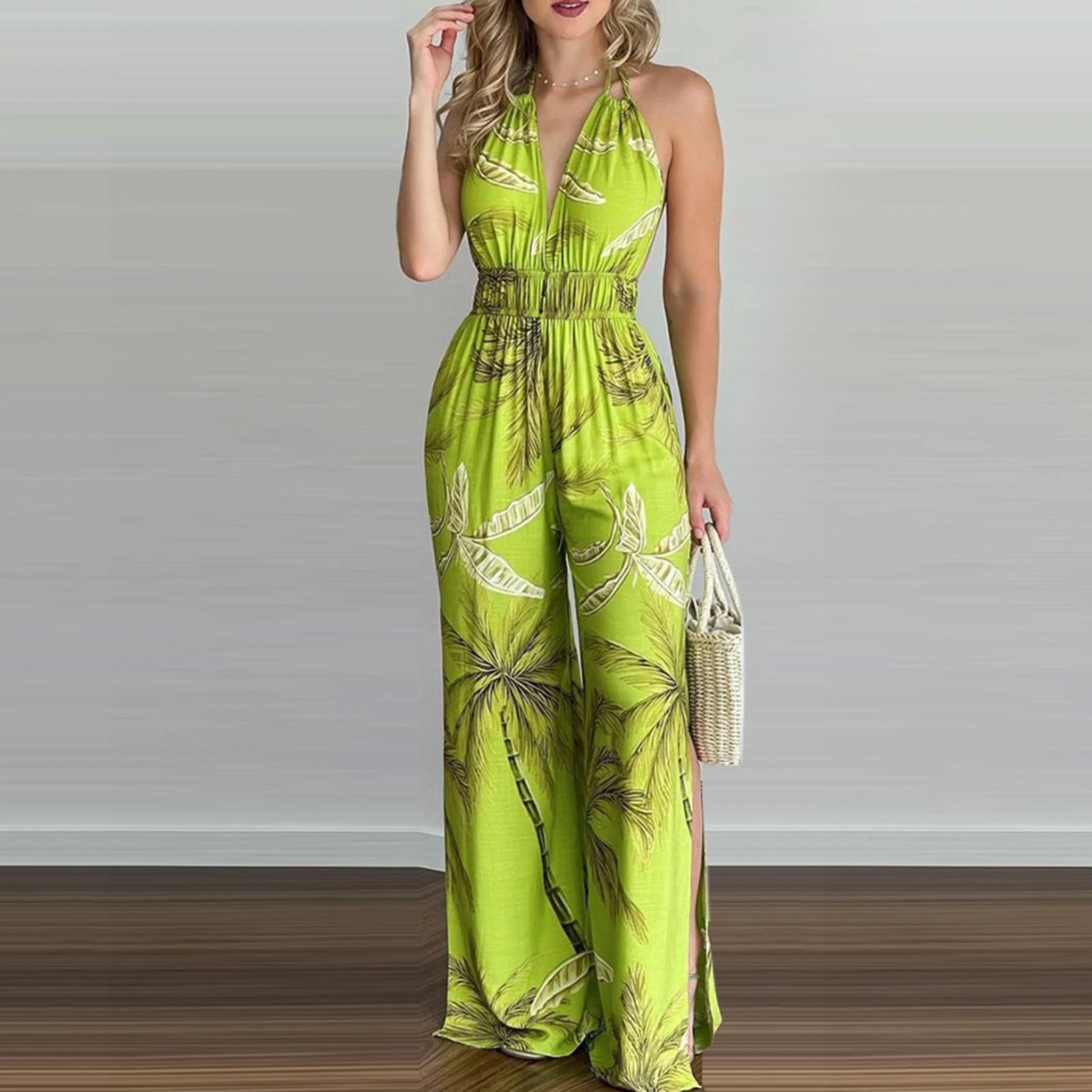 deanwangkt Sexy Off Shoulder Spaghetti Strap Jumpsuit Woman Flower Print Backless Long Wide Leg Jumpsuits For Women One Piece Rompers - Deanwangkt