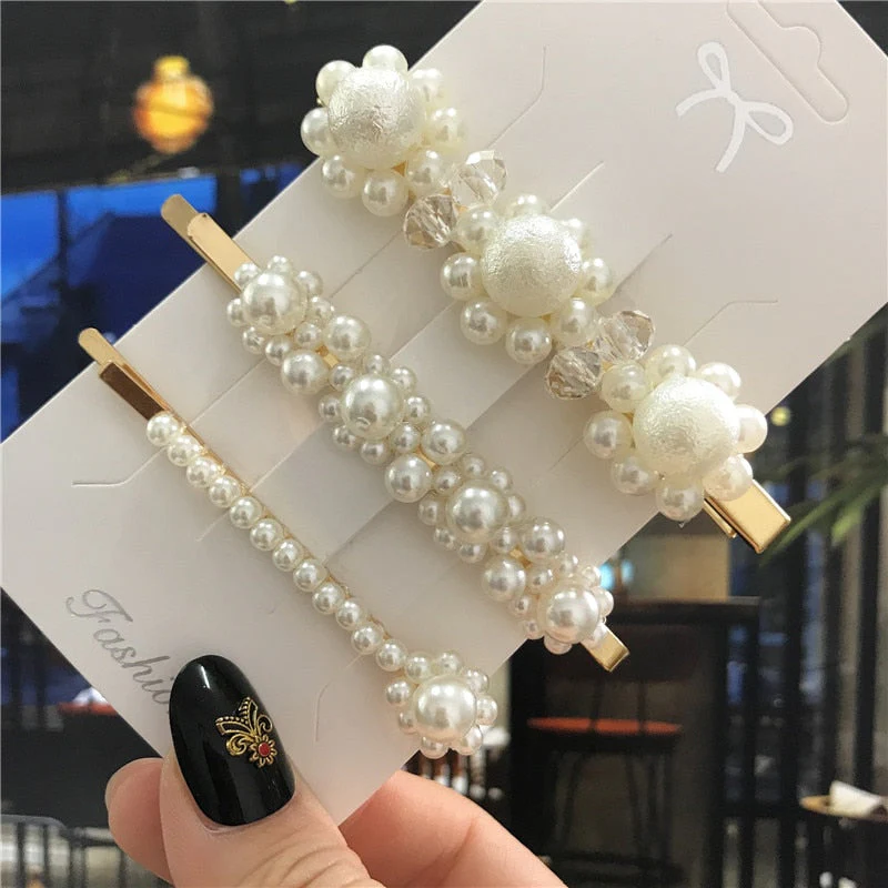 deanwangkt 1Set Handmade Pearls Hair Clips Pin for Women Fashion Geometric Flower Barrettes Headwear Girls Sweet Hairpins Hair Accessorie - Deanwangkt